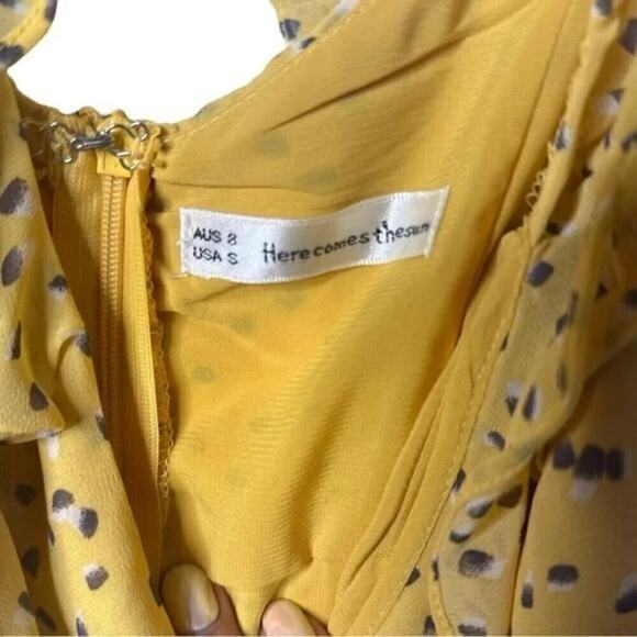 Here Comes The Sun Yellow & Brown Polka Dot Ruffled Mini Dress Size Small - Picture 6 of 10